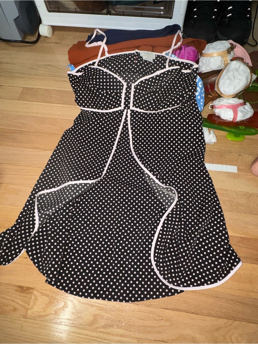 kate spade Black Polka Dot Strapless Pajama Dress with Pink Piping